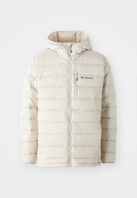 Light cream puffer jacket with a hood, featuring horizontal stitching, zippered front, and a small chest pocket with a logo.