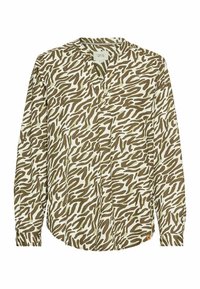 Langsleeve shirt met bruin en beige zebra print, gesplitste V-hals en met knopen afgewerkte manchetten, plat gelegd op een witte achtergrond.