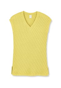 Gelbes, gestricktes, ärmelloses Oberteil mit V-Ausschnitt, das ein strukturiertes Muster und seitliche Schlitze für zusätzlichen Komfort und Stil bietet.