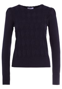 Navy knitted sweater with a textured diamond pattern, round neck, long sleeves, and ribbed hem and cuffs. Made from soft, stretchy fabric.