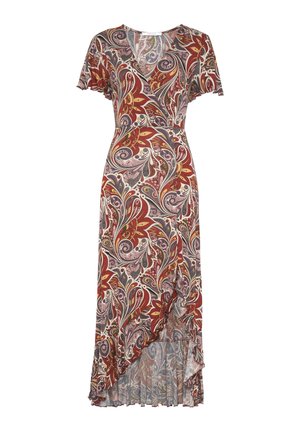 Maxikleid mit V-Ausschnitt, kurzen, flatternden Ärmeln und einem bunten Paisleymuster in Rot, Gelb und Lila auf einem cremefarbenen Hintergrund.