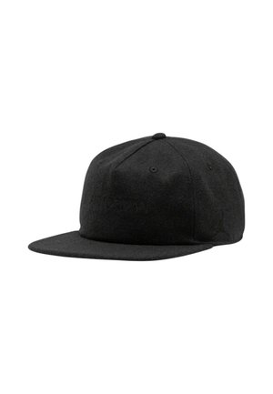 Cappello in lana nera con visiera piatta, caratterizzato da dettagli del logo in rilievo sulla parte anteriore. Design strutturato e costruzione a sei pannelli.