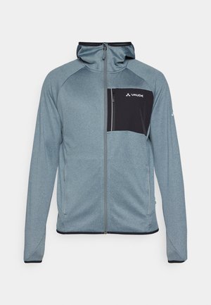 Light blue hoodie jacket with a black zippered chest pocket, raglan sleeves, textured fabric, and black trim along the hood and hem.