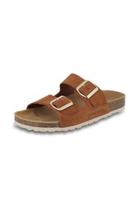 Brown suede slide sandal with two adjustable straps and silver buckles. Features a cork footbed and textured rubber outsole for grip.
