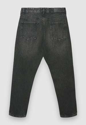 Jean en denim noir à coupe décontractée, doté d'une taille haute, de jambes droites, de deux poches arrière et de détails de couture minimalistes.