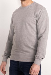 Sudadera de cuello redondo gris, fabricada en una suave mezcla de algodón. Presenta mangas largas, puños y dobladillo de canalé, y un ajuste ligeramente relajado.