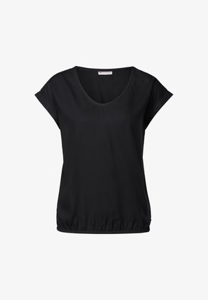 Czarny krótki top z krótkim rękawem, okrągłym dekoltem, elastycznym wykończeniem, wykonany z gładkiego materiału, z obniżonymi ramionami i luźnym krojem.
