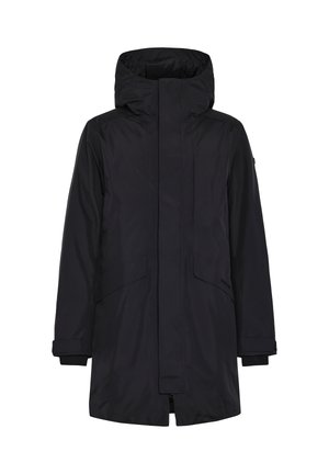 Schwarzer wasserdichter Parka mit hohem Kragen, großen Fronttaschen und Reißverschluss. Verfügt über eine abnehmbare Kapuze und elastische Bündchen.