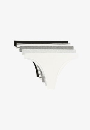 Five women's thong underwear in black, white, gray, light gray, and white with black stripes, stacked overlapping on a white background.