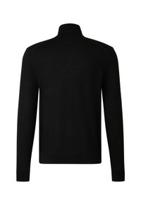 Černý pulovr s dlouhým rukávem, vysokým límcem a žebrovanými manžetami, s hladkou texturou a minimalistickým designem bez viditelných log nebo vzorů.