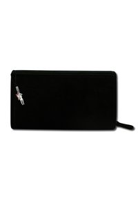 Black suede wallet with zip closure, featuring a small metallic charm attached to the zipper pull, showing a simple design and smooth texture.