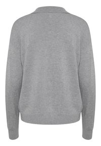 Grå, langærmet sweater med en afslappet pasform, strikket tekstur og klassisk krave. Har ribbede manchetter og kant. Bagview vist.