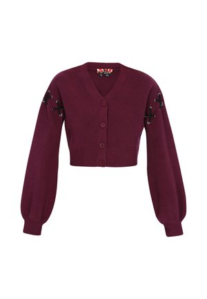 Cardigan scurt burgund cu decolteu în V, având cinci butoane, mâneci lungi late și accente negre din dantelă pe umeri.