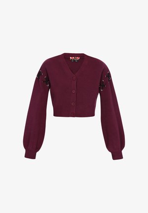Cardigan scurt burgund cu decolteu în V, având cinci butoane, mâneci lungi late și accente negre din dantelă pe umeri.