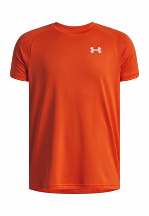 Korte mouwen sport t-shirt in fel oranje, gemaakt van gladde, lichte stof. Heeft een klein wit logo op de linkerborst.