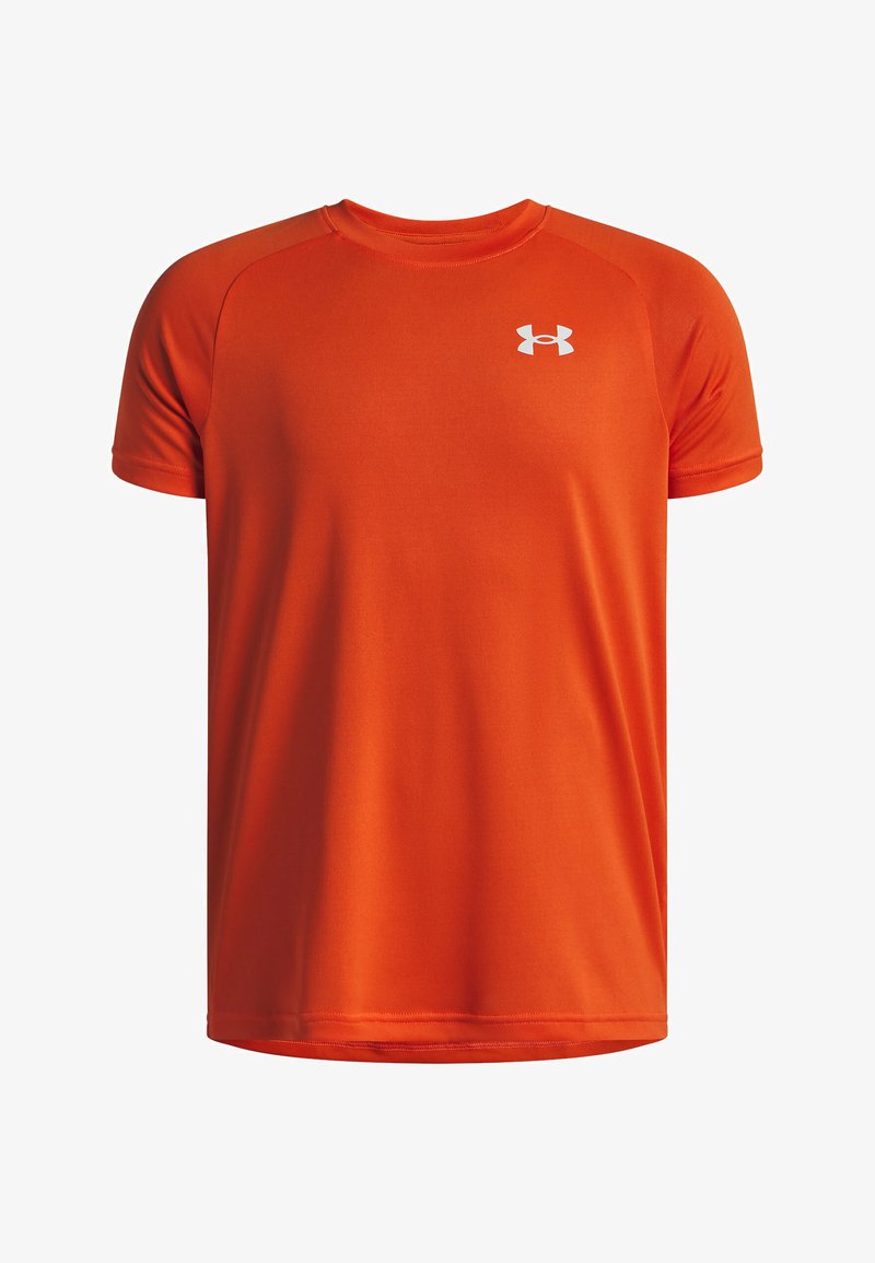 T-shirt sportowy z krótkim rękawem w jaskrawym pomarańczowym kolorze, wykonany z gładkiego, lekkiego materiału. Posiada małe białe logo na lewej piersi.