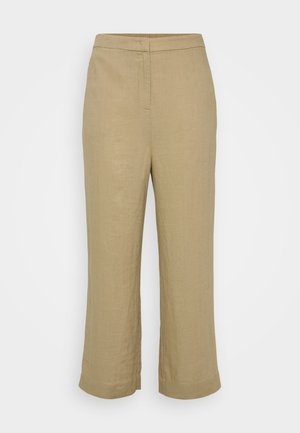 Beige linbukser med rett snitt, med middels høyt liv, subtile sømmer og brede, forkortede ben. Jevn tekstur, ingen synlige mønstre.