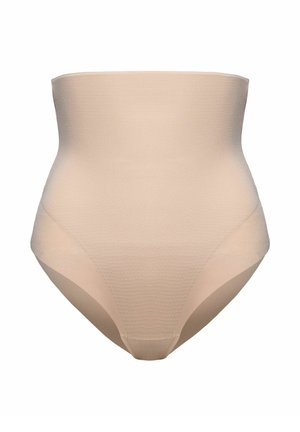 Beige high-waisted shaping brief with a smooth texture, seamless design, and subtle pattern, providing firm support and coverage.