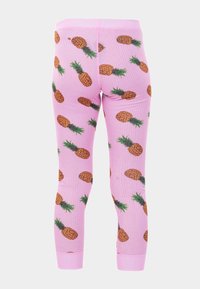 Pink ribbed leggings featuring a pineapple print with green leaves. Elastic waistband and cuffs at the ankle for a snug fit.