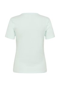 Světlá mátově zelená tričko s krátkým rukávem, kulatým výstřihem a hladkou texturou. Disponuje jednoduchým, minimalistickým designem bez vzorů.