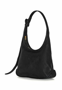 Juoda odinė petnešėlė su apvalia siluetu, lygaus paviršiaus ir viena petine juosta. Yra užtraukiama kišenė su auksiniu furnitūru.