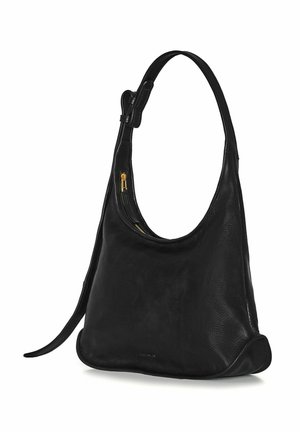 Borsa a spalla in pelle nera con una silhouette arrotondata, texture liscia e una singola tracolla. Presenta una tasca con zip e hardware dorato.