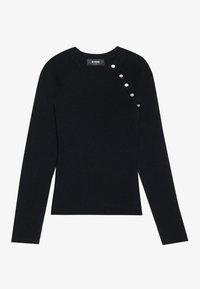 Black ribbed long-sleeve top featuring a round neckline and decorative button accents on the left shoulder. Made from a textured material.