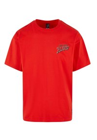 Rød bomulds T-shirt med korte ærmer, rund hals og et trykt grafik, der står "ZOO YORK IT'S ALIVE!" på forsiden.