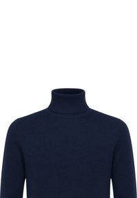 Maglione a collo alto blu navy realizzato in tessuto lavorato a maglia. Presenta un colletto aderente e maniche lunghe con una trama liscia.