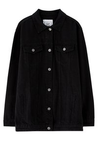 Schwarze Jeansjacke mit klassischem Kragen, Knopfverschluss vorne, zwei Brusttaschen, Seitentaschen und silberfarbenen Beschlägen.