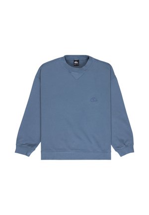 Blue crewneck sweatshirt with long sleeves, ribbed cuffs, hem, and a small embossed logo on the left chest.
