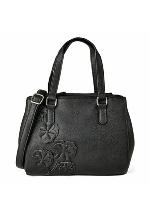 Schwarze Ledertasche mit zwei Griffen, verstellbarem Schultergurt und geprägtem Blumendesign auf der Vorderseite.