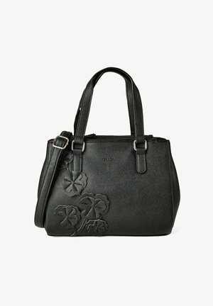 Borsa a tracolla in pelle nera con doppi manici, tracolla regolabile e design floreale in rilievo sulla parte anteriore.