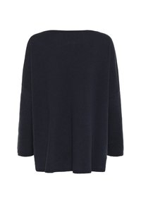 Maglione blu navy dalla vestibilità ampia, realizzato in morbido tessuto a maglia. Presenta un colletto ampio e maniche a tre quarti con una finitura testurizzata.