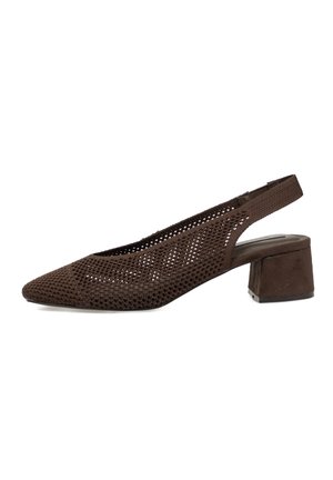 Zapato slingback marrón de malla con punta puntiaguda y tacón bajo grueso.