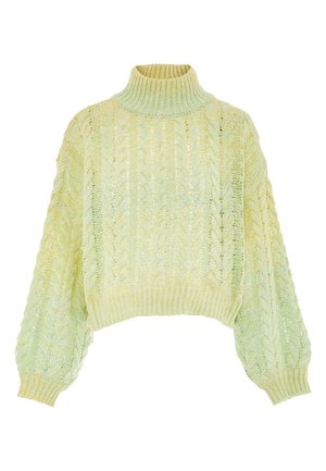 Hellgrüner Pullover aus Kabelstrick mit hohem Kragen, lockeren Ärmeln und verkürztem Saum. Strukturiertes Muster im gesamten Stoff.
