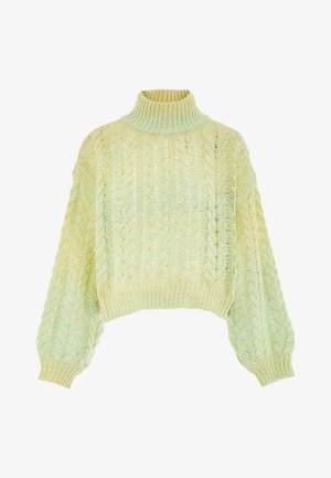 Lichtgroene kabelgebreide trui met een hoge hals, losse mouwen en een cropped zoom. Geweven patroon over de hele stof.