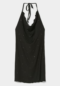 Černé šaty na zavazování za krk s drapovaným výstřihem, zdobené drobnými kovovými detaily rozptýlenými po látce. Měkká textura s vlnitým okrajem.