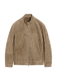 Beige Wildlederjacke mit Stehkragen, Frontreißverschluss und langen Ärmeln. Glatte Textur und minimalistisches Design mit seitlichen Taschen.