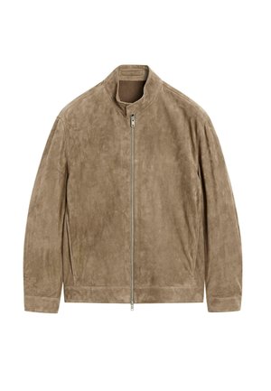 Beige suede jacket with a stand collar, front zipper closure, and long sleeves. Smooth texture and minimalist design, featuring side pockets.