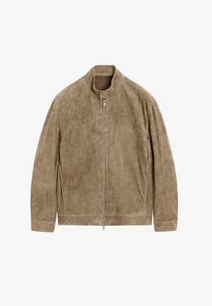 Béžová semišová bunda s výstřihem, předním zipem a dlouhými rukávy. Hladká textura a minimalistický design, obsahující boční kapsy.