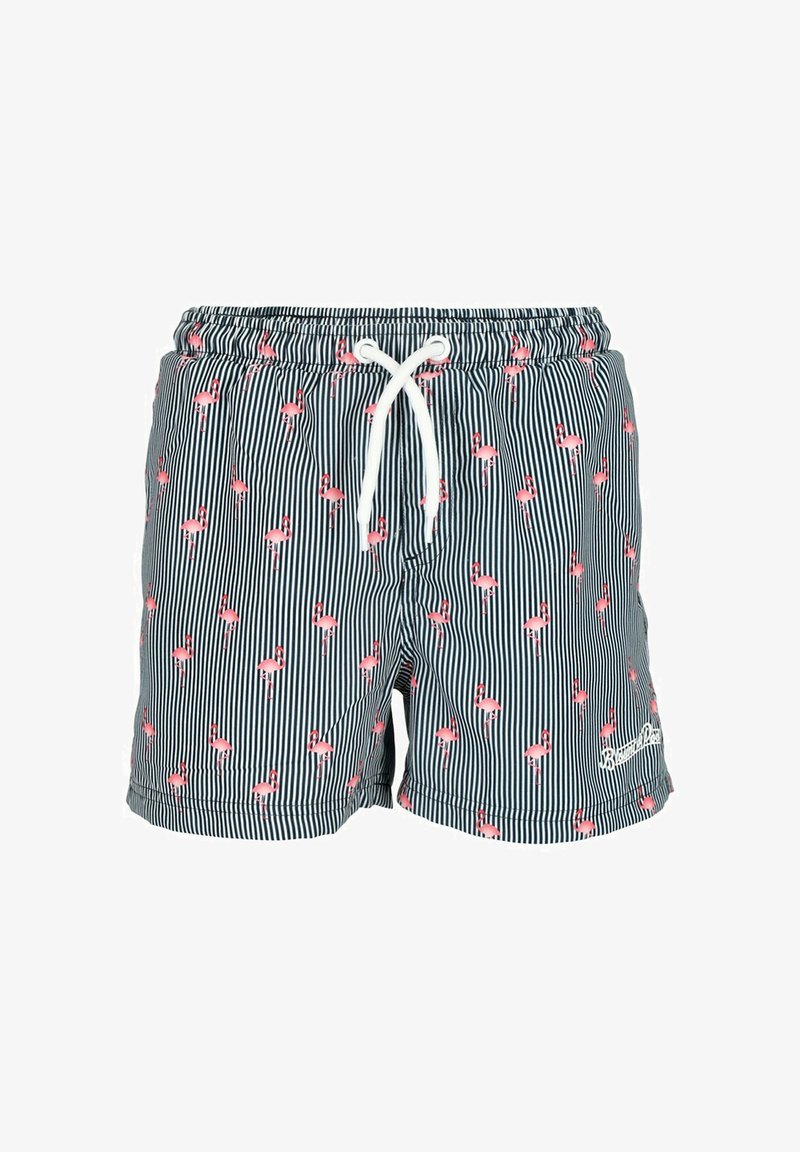 Blue and white striped swim shorts with pink flamingo patterns, elastic waist, and white drawstring. Soft fabric with a relaxed fit.
