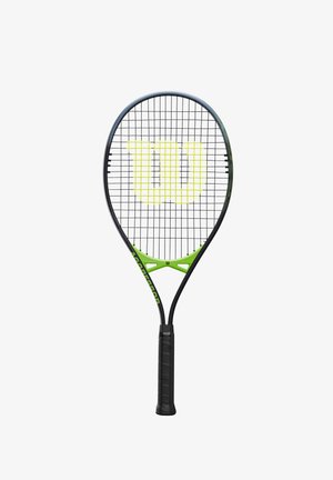 Schwarzer und grüner Tennis-Schläger mit kopflosem Schlägerkopf, strukturiertem Griff und gelbem Logo auf den Saiten, ausgestattet mit einem schlanken, aerodynamischen Design.