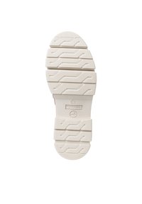 Suola di scarpa in gomma bianca con motivi di battistrada testurizzati, caratterizzata da scanalature e sezioni sollevate per migliorare la trazione e la durata.