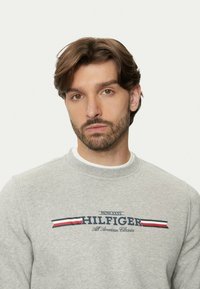 Sudadera gris de algodón con cuello redondo, que cuenta con un logo en azul marino con acentos en rojo y blanco en el pecho. Diseño casual.