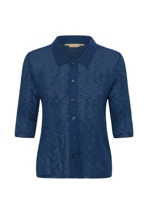 Marineblauw, kortärmelig overhemd met knoopsluiting, een puntige kraag en een gestructureerde stof, weergegeven op een witte achtergrond.