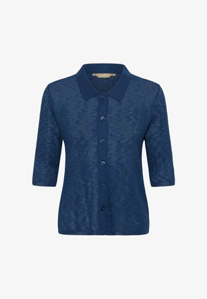 Marineblauw, kortärmelig overhemd met knoopsluiting, een puntige kraag en een gestructureerde stof, weergegeven op een witte achtergrond.