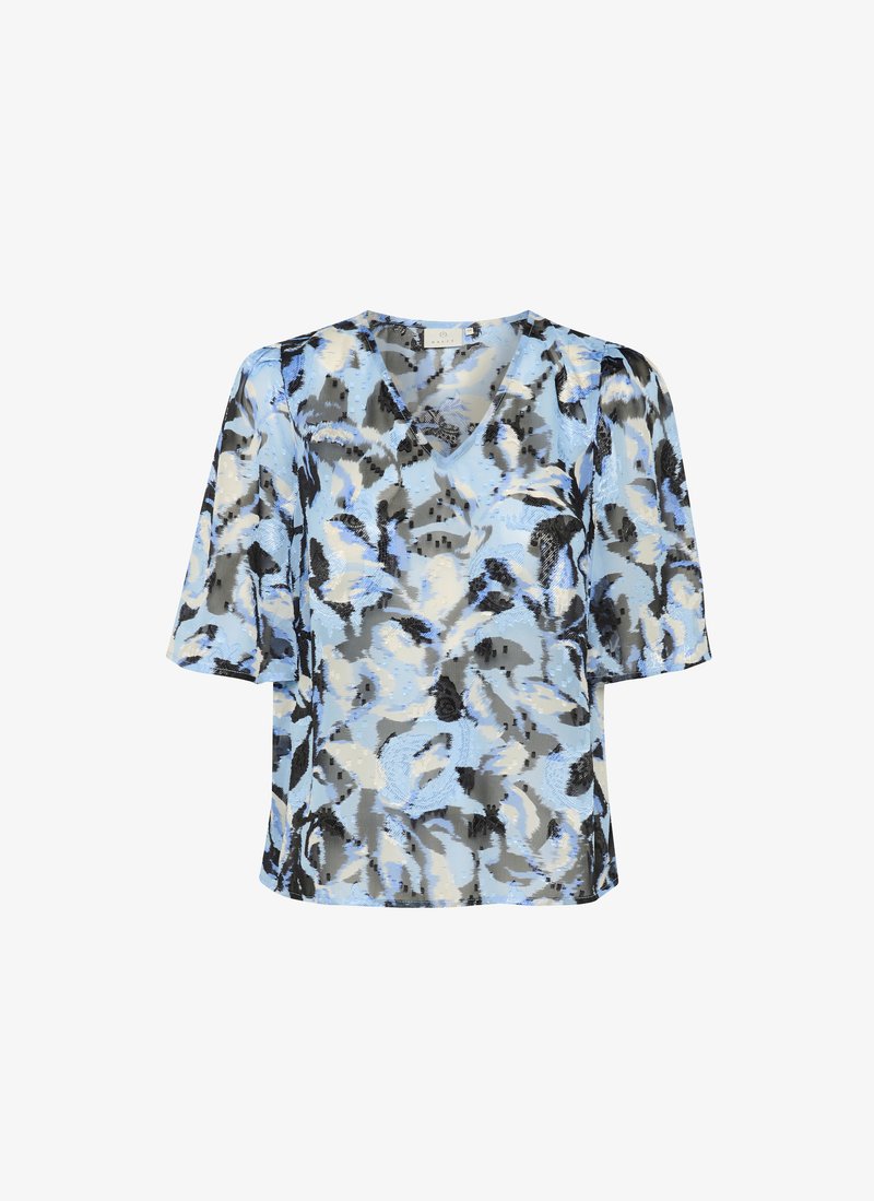 Floral-patterned short-sleeve blouse in light blue, gray, and black. V-neck design with soft texture and a relaxed fit.