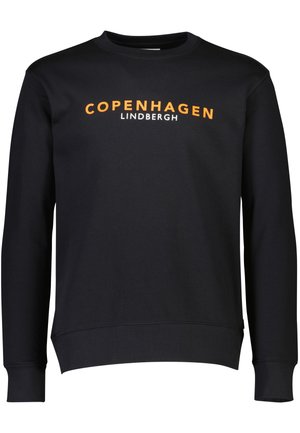 Schwarzer Sweatshirt mit langen Ärmeln und Rundhalsausschnitt, auf der Brust mit "COPENHAGEN" in Orange und "LINDBERGH" in Weiß bedruckt.