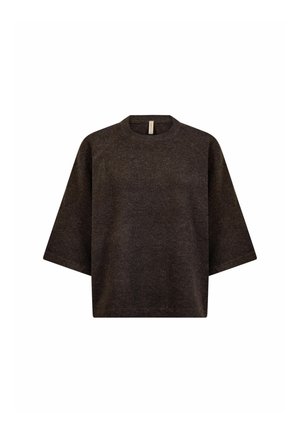 Dark brown wide-sleeve knit sweater with a crew neckline and a loose, boxy fit.